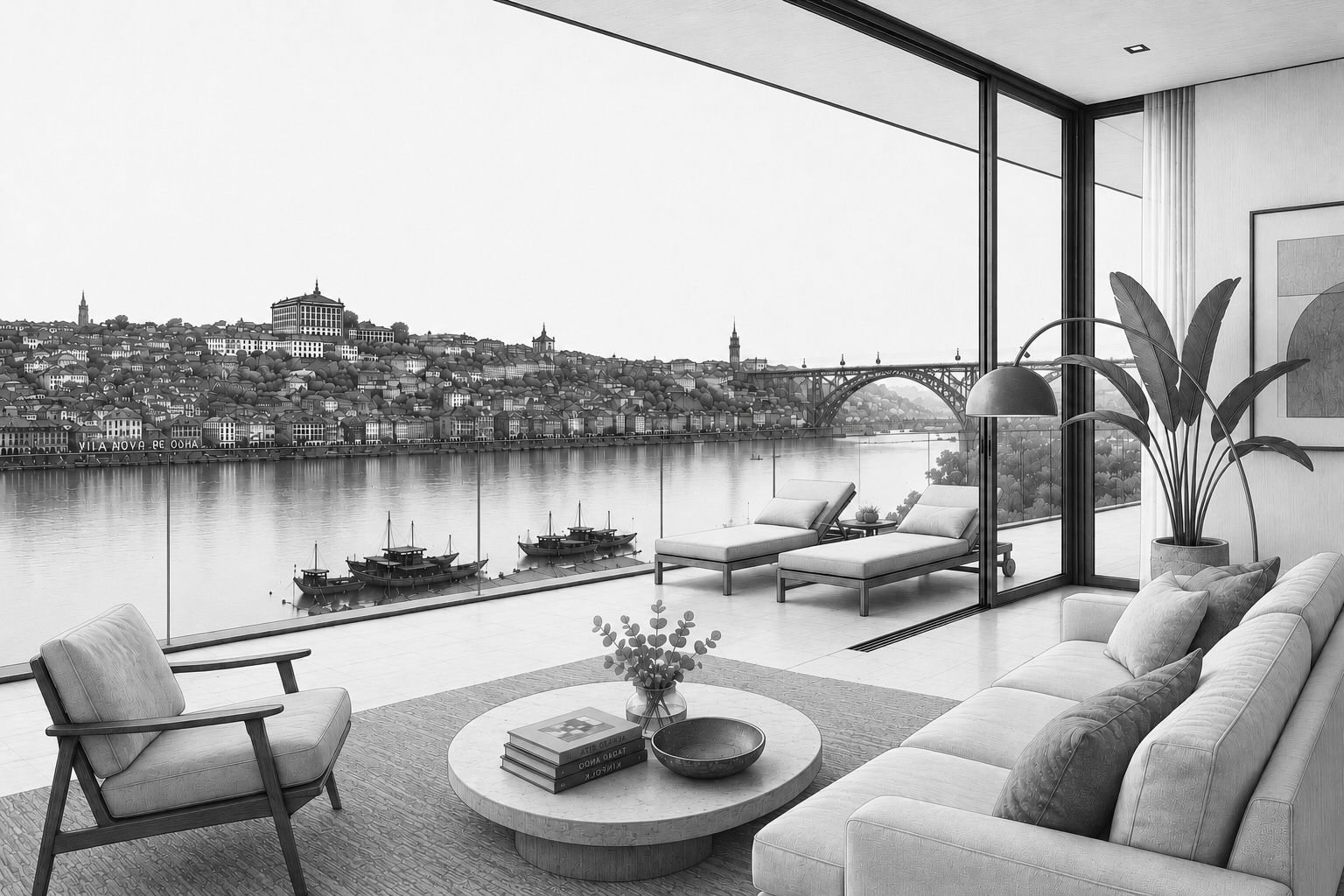 Vista arquitetónica sobre o rio Douro, Porto